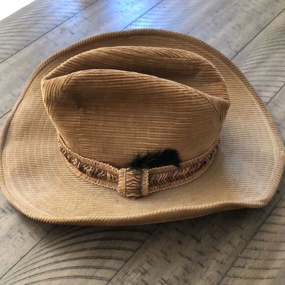 Country Gentleman’s Corduroy Wide Brim Ranch Hat in Tan Feather and braid accent main image 7